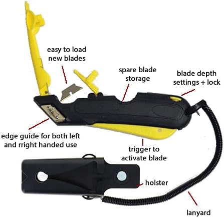 EZ-1000 Safety Box Cutter Utility Knife, 3 Blade Depth Setting, Squeeze Trigger and Dual Side Edge Guide, 2 Blades, Holster and Lanyard (Yellow)
