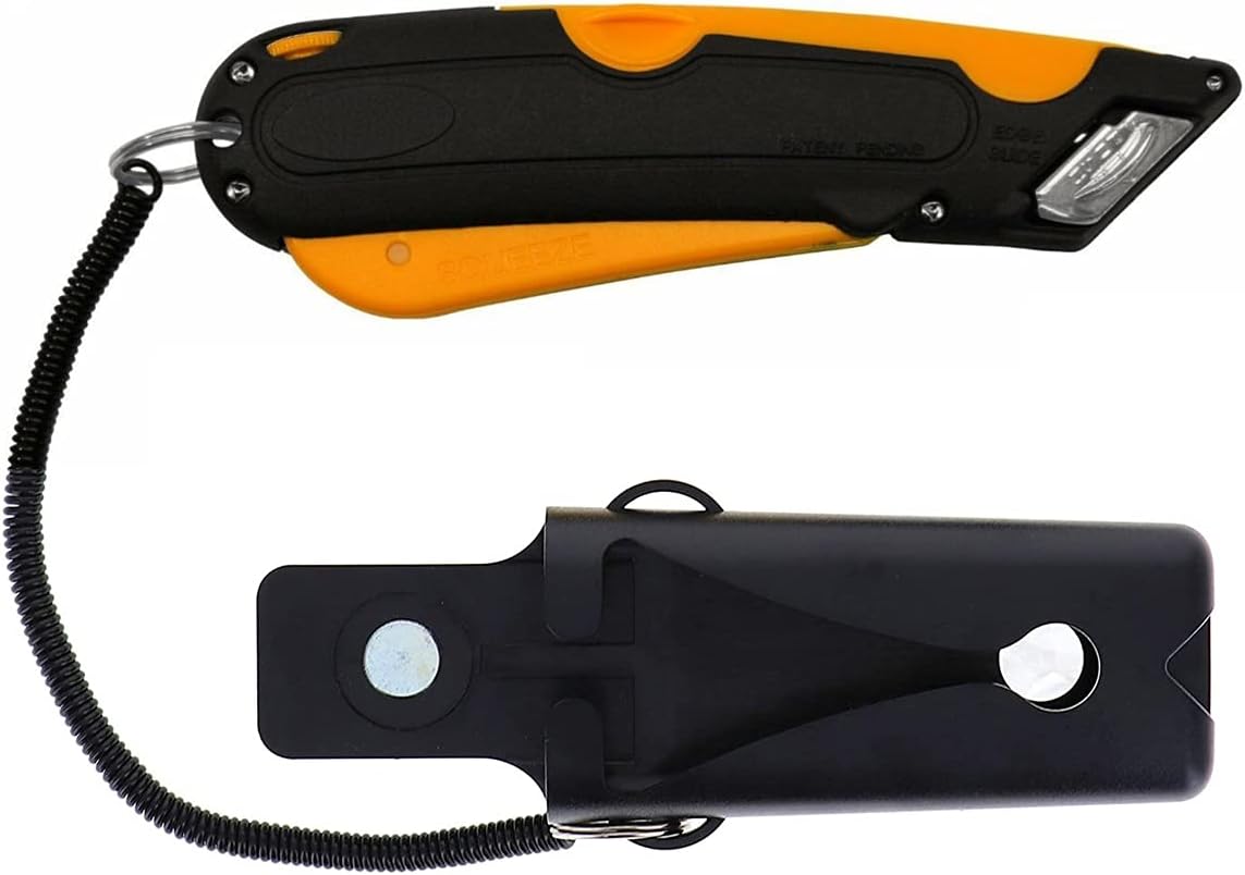 EZ-1000 Safety Box Cutter Utility Knife, 3 Blade Depth Setting, Squeeze Trigger and Dual Side Edge Guide, 2 Blades, Holster and Lanyard (Yellow)