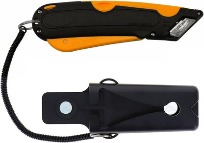 EZ-1000 Safety Box Cutter Utility Knife, 3 Blade Depth Setting, Squeeze Trigger and Dual Side Edge Guide, 2 Blades, Holster and Lanyard (Yellow)