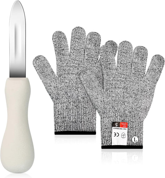 Stainless Steel Oyster Shucking Knife with Cut Resistant Gloves | Seafood Opener Tools Set, For Opening Oyster Clams Scallops Shellfish, 1 Knife+1 Pair L Gloves
