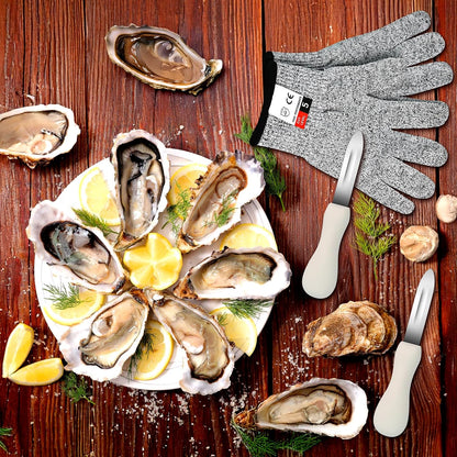 Stainless Steel Oyster Shucking Knife with Cut Resistant Gloves | Seafood Opener Tools Set, For Opening Oyster Clams Scallops Shellfish, 1 Knife+1 Pair L Gloves