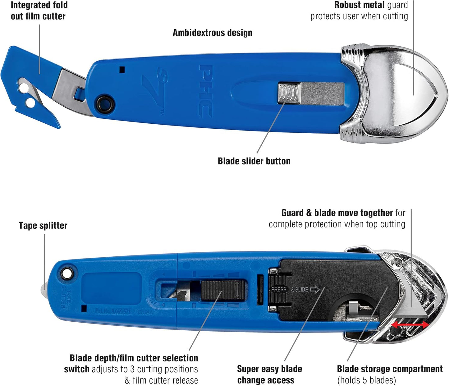 S7 Safety Cutter, 3-in-1 Self-Retractable Utility Knife with Fold-Out Film Cutter, Bladeless Tape Splitter, Guard for Safety & Damage Prevention , Blue