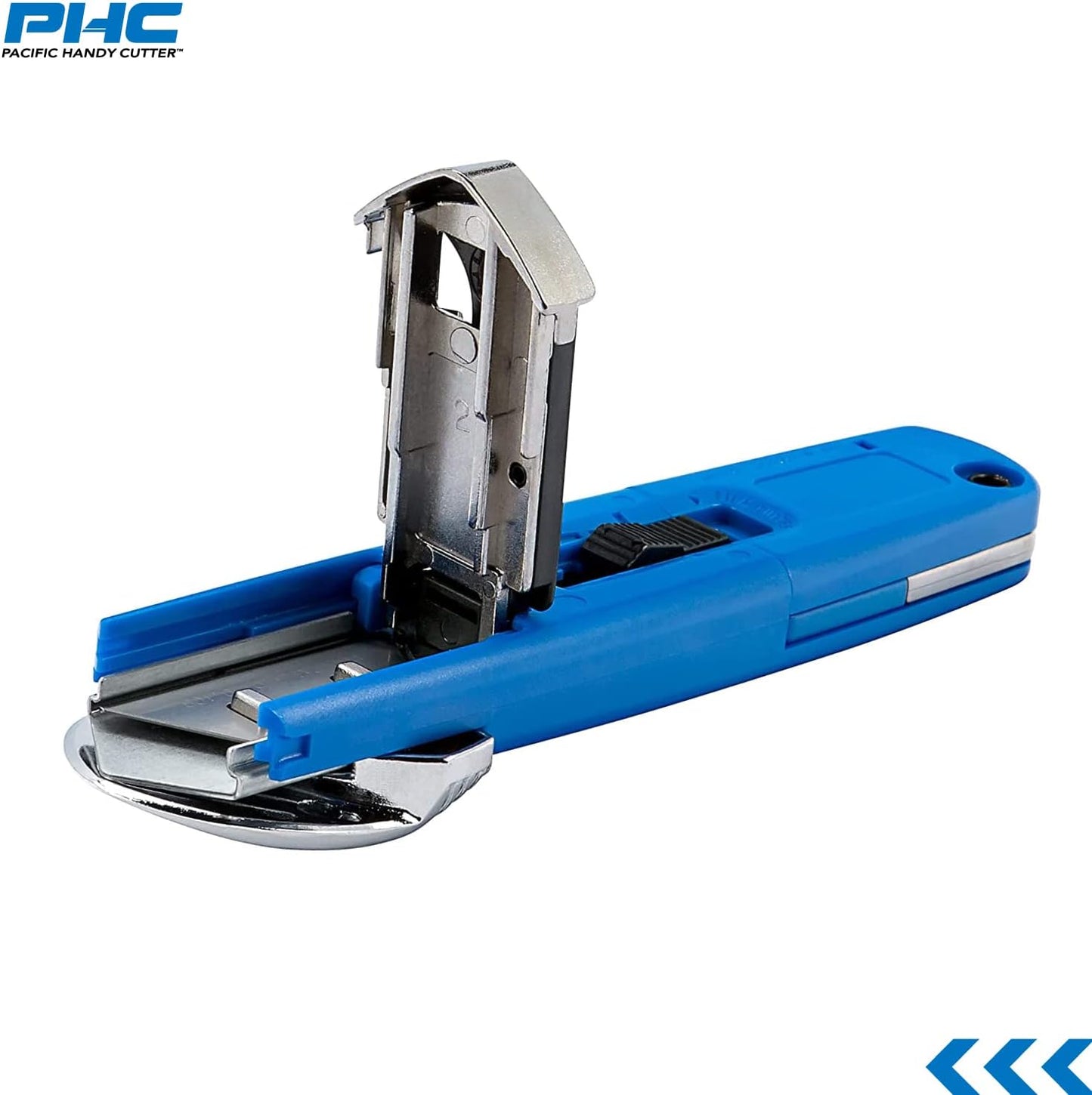 S7 Safety Cutter, 3-in-1 Self-Retractable Utility Knife with Fold-Out Film Cutter, Bladeless Tape Splitter, Guard for Safety & Damage Prevention , Blue
