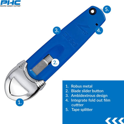S7 Safety Cutter, 3-in-1 Self-Retractable Utility Knife with Fold-Out Film Cutter, Bladeless Tape Splitter, Guard for Safety & Damage Prevention , Blue
