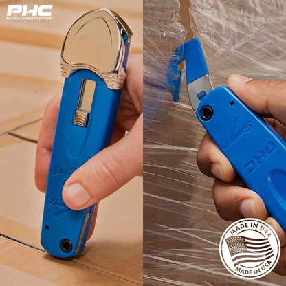 S7 Safety Cutter, 3-in-1 Self-Retractable Utility Knife with Fold-Out Film Cutter, Bladeless Tape Splitter, Guard for Safety & Damage Prevention , Blue