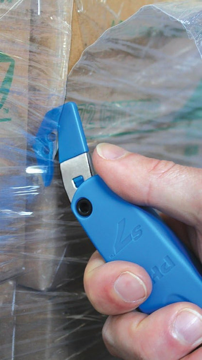 S7 Safety Cutter, 3-in-1 Self-Retractable Utility Knife with Fold-Out Film Cutter, Bladeless Tape Splitter, Guard for Safety & Damage Prevention , Blue