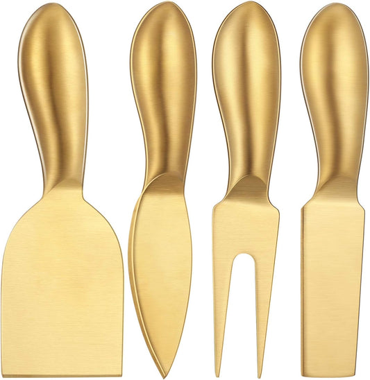 4 Pcs Gold Cheese Knives Set Gold Knife Fork Slicer Butter Knife Spreader Stainless Steel Charcuterie Accessories for Kitchen Cooking Gift Gathering Wedding Birthday Party