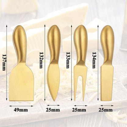 4 Pcs Gold Cheese Knives Set Gold Knife Fork Slicer Butter Knife Spreader Stainless Steel Charcuterie Accessories for Kitchen Cooking Gift Gathering Wedding Birthday Party