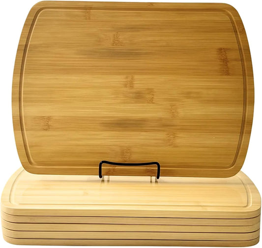 Set of 6, Bulk Bamboo Cutting Boards with Juice Groove – 15X11" Rounded Rectangle Large Charcuterie Trays, Grazing Platters, Blank Wood for Engraving, Epoxy Crafts, Resin Arts, Wall Decor