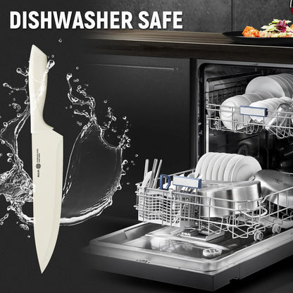 15-Piece Kitchen Knife Set with Block and Built-In Sharpener, Cream | High-carbon stainless steel blades, nonstick coating, ergonomic handles and dishwasher-safe care