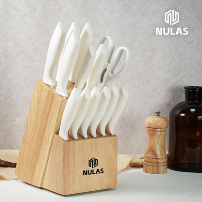 15-Piece Kitchen Knife Set with Block and Built-In Sharpener, Cream | High-carbon stainless steel blades, nonstick coating, ergonomic handles and dishwasher-safe care
