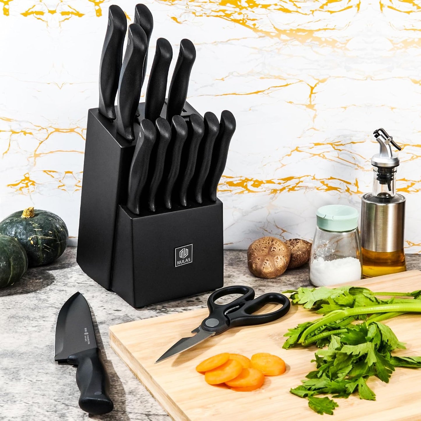 15-Piece Kitchen Knife Set with Block and Built-In Sharpener, Cream | High-carbon stainless steel blades, nonstick coating, ergonomic handles and dishwasher-safe care
