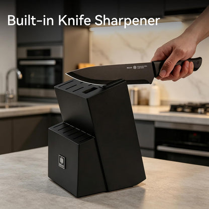 15-Piece Kitchen Knife Set with Block and Built-In Sharpener, Cream | High-carbon stainless steel blades, nonstick coating, ergonomic handles and dishwasher-safe care