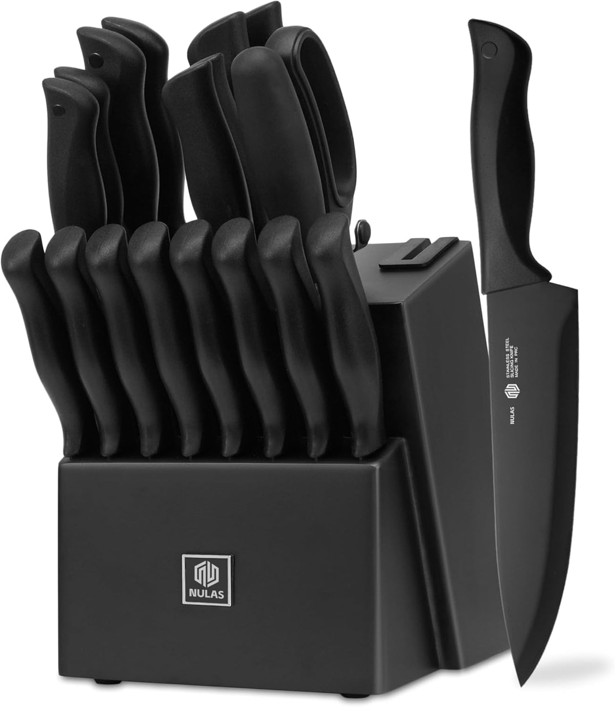 15-Piece Kitchen Knife Set with Block and Built-In Sharpener, Cream | High-carbon stainless steel blades, nonstick coating, ergonomic handles and dishwasher-safe care