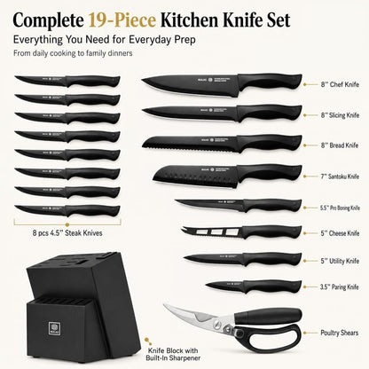 15-Piece Kitchen Knife Set with Block and Built-In Sharpener, Cream | High-carbon stainless steel blades, nonstick coating, ergonomic handles and dishwasher-safe care