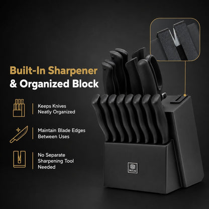 15-Piece Kitchen Knife Set with Block and Built-In Sharpener, Cream | High-carbon stainless steel blades, nonstick coating, ergonomic handles and dishwasher-safe care