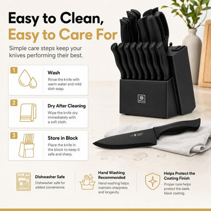 15-Piece Kitchen Knife Set with Block and Built-In Sharpener, Cream | High-carbon stainless steel blades, nonstick coating, ergonomic handles and dishwasher-safe care