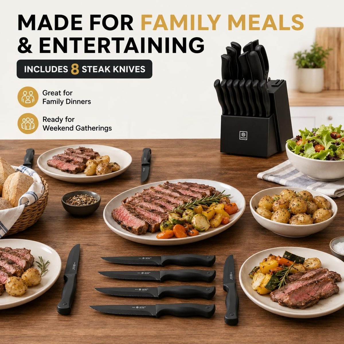 15-Piece Kitchen Knife Set with Block and Built-In Sharpener, Cream | High-carbon stainless steel blades, nonstick coating, ergonomic handles and dishwasher-safe care