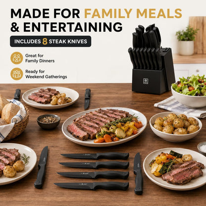15-Piece Kitchen Knife Set with Block and Built-In Sharpener, Cream | High-carbon stainless steel blades, nonstick coating, ergonomic handles and dishwasher-safe care