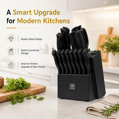 15-Piece Kitchen Knife Set with Block and Built-In Sharpener, Cream | High-carbon stainless steel blades, nonstick coating, ergonomic handles and dishwasher-safe care