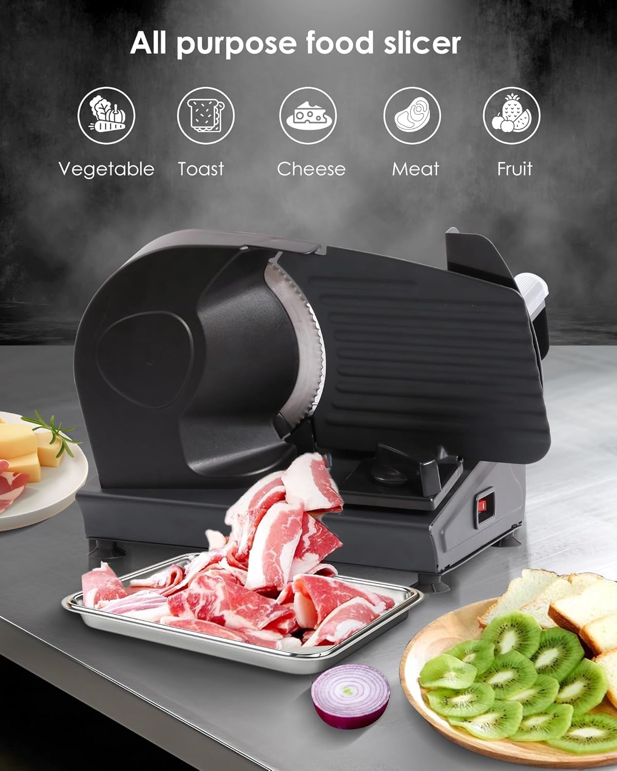 7.5" Electric Meat Slicer, with Stainless Steel Blade, Adjustable Thickness Food Slicer Machine for Home Use, Cuts Meat, Ham, Hard Cheese and Deli (Black)