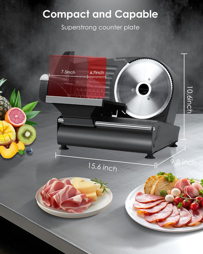 7.5" Electric Meat Slicer, with Stainless Steel Blade, Adjustable Thickness Food Slicer Machine for Home Use, Cuts Meat, Ham, Hard Cheese and Deli (Black)