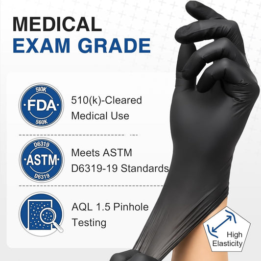 Medical Black Nitrile Exam Gloves, 5 Mil Latex-Free & Powder-Free Disposable Gloves for Cooking