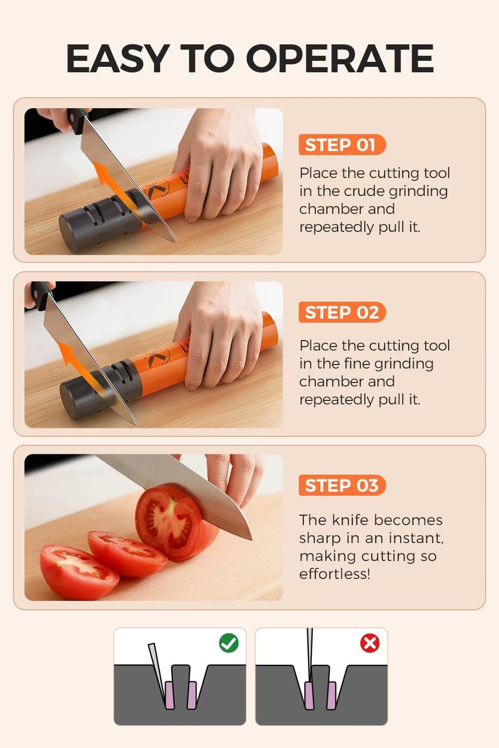 Cordless Electric Knife Sharpener, Portable Rechargeable Electric Knife Sharpener for Home Kitchen, 3-Speed 7000RPM Handheld Tool for Straight Blades (Orange)