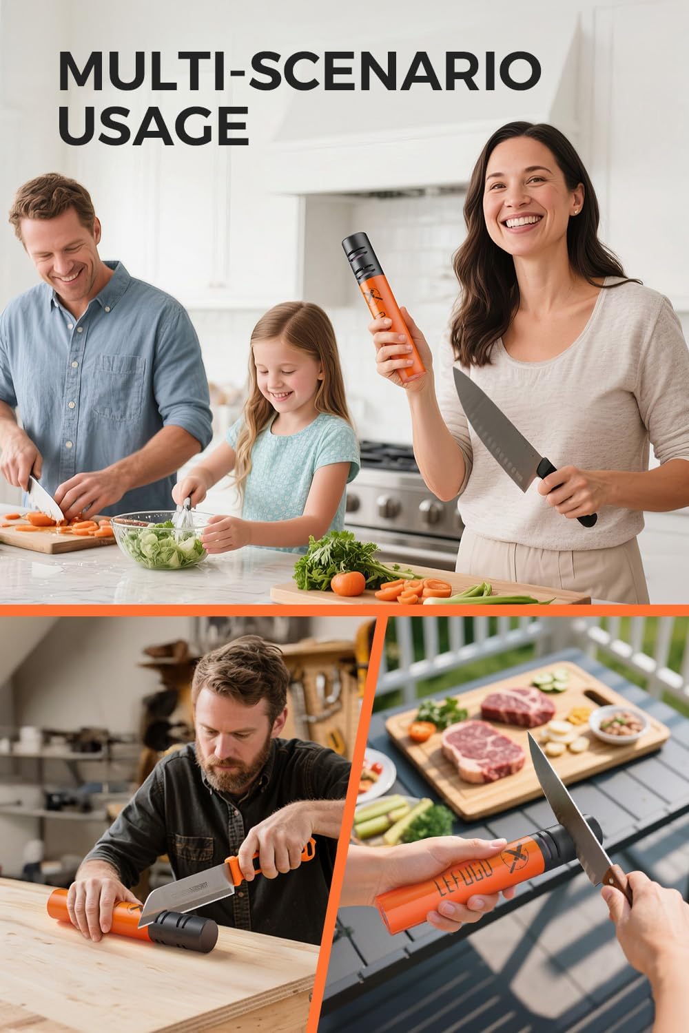 Cordless Electric Knife Sharpener, Portable Rechargeable Electric Knife Sharpener for Home Kitchen, 3-Speed 7000RPM Handheld Tool for Straight Blades (Orange)