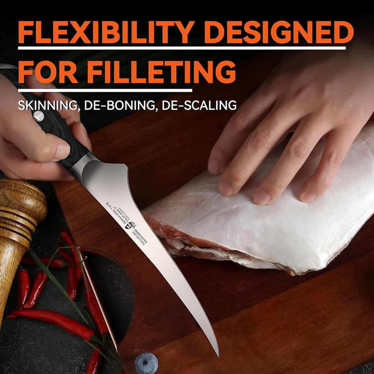 Fillet Knife, 7 Inch Professional Fish Boning Knife for Trimming Meat & Poultry, Flexible Blade, High Carbon German Steel, Riveted Handle - Falcon Series
