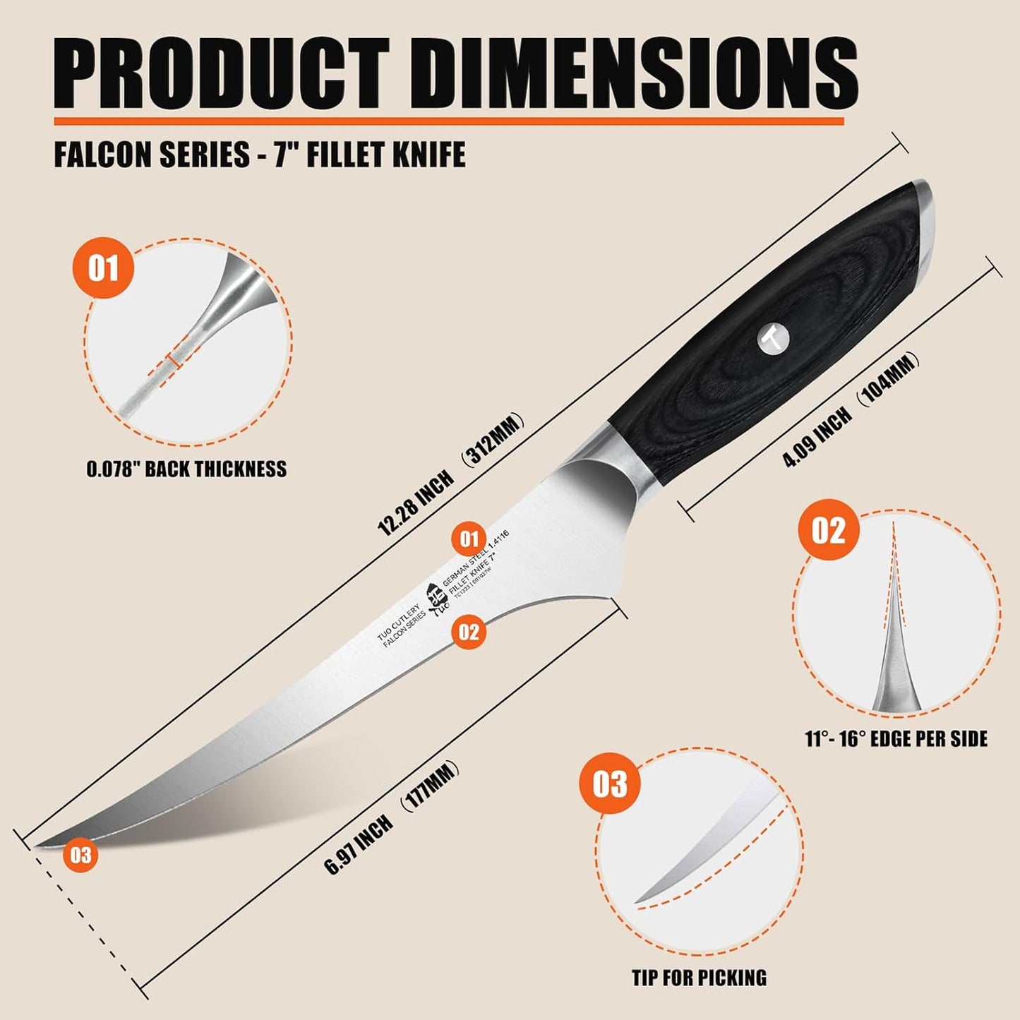 Fillet Knife, 7 Inch Professional Fish Boning Knife for Trimming Meat & Poultry, Flexible Blade, High Carbon German Steel, Riveted Handle - Falcon Series