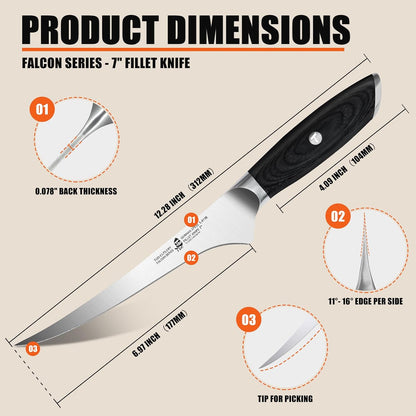 Fillet Knife, 7 Inch Professional Fish Boning Knife for Trimming Meat & Poultry, Flexible Blade, High Carbon German Steel, Riveted Handle - Falcon Series