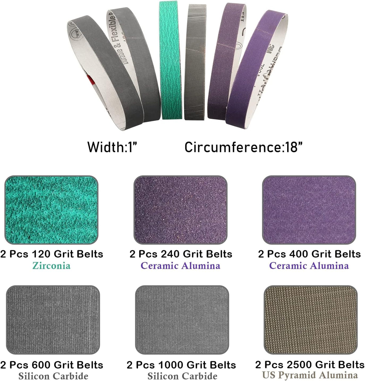 1 x 18 Inch Sanding Belts Knife Sharpening Belt Kit, 12-Pack | Fits Work Sharp Blade Grinder Attachment of Ken Onion Edition Knife & Tool Sharpener