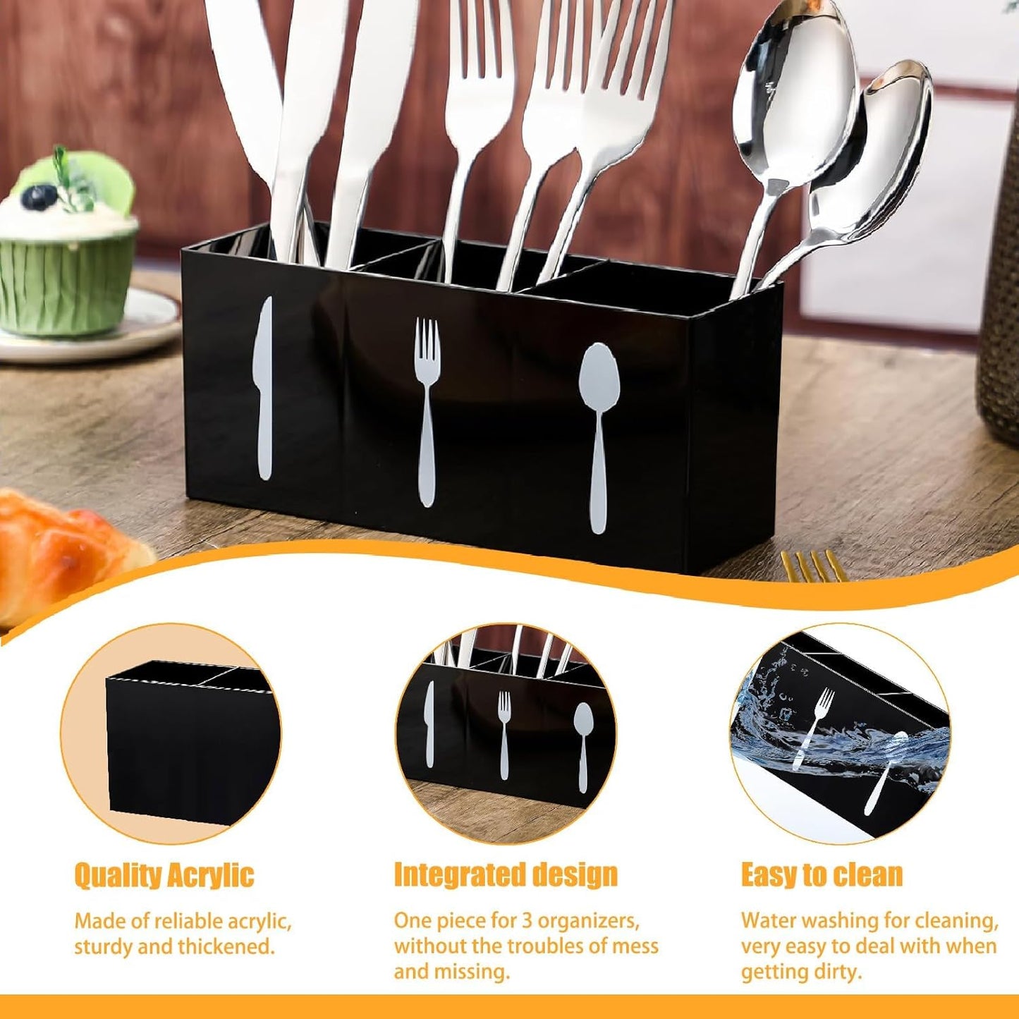 Acrylic Cutlery Storage Organizer Bin Silverware Caddy Countertop Knife Spoon and Fork organizer Kitchen 3 Section Tableware Storage Box for Cabinet Indoor Home Flatware Dining Room