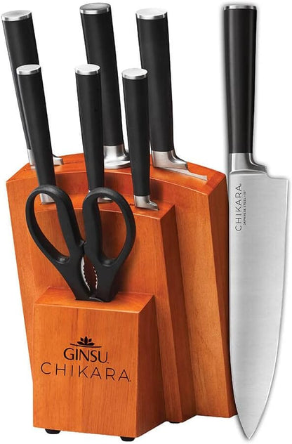 Chikara Series Forged 8-Piece Japanese Knife Set - Premium Cutlery Set with 420J Stainless Steel Kitchen Knives and Toffee Bamboo Block