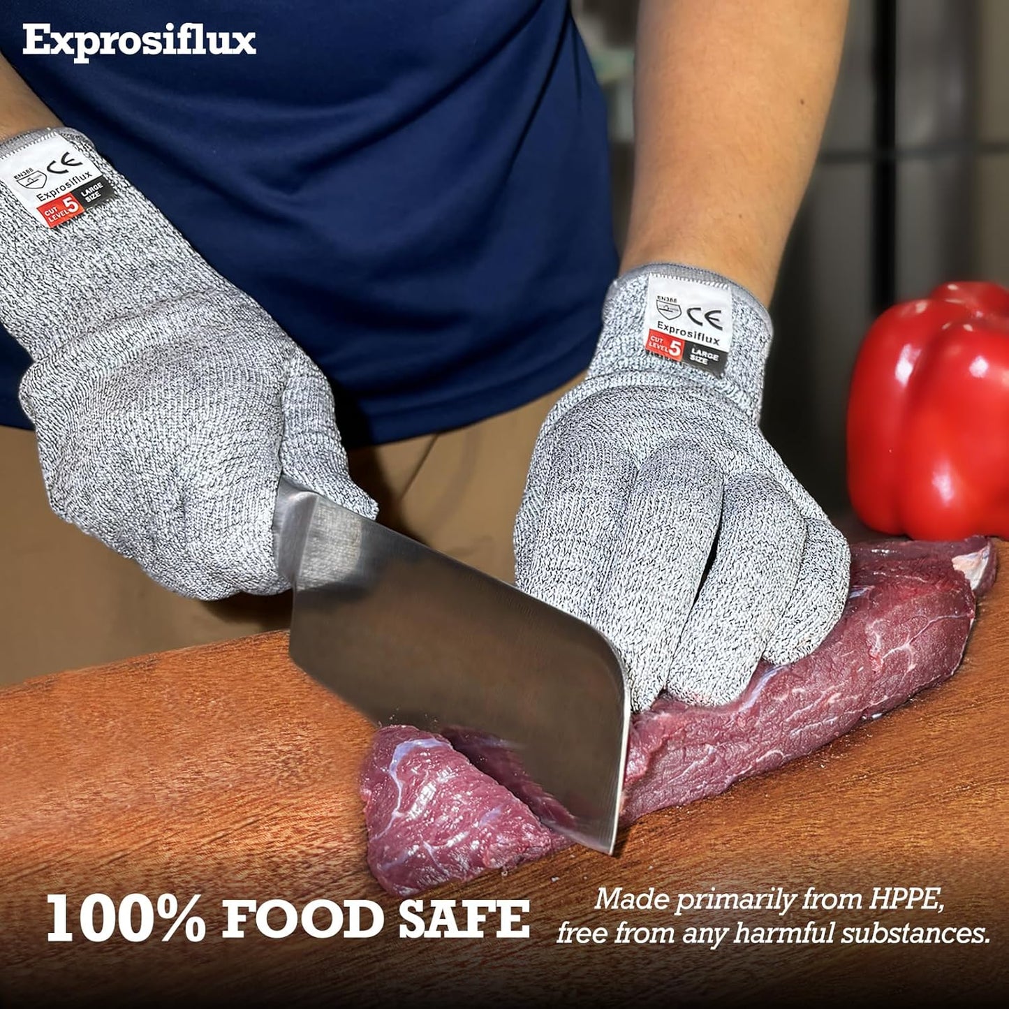 2-Pair Food Safe Cut Resistant Work Gloves Level 5, Gray, M | HPPE Cut Proof Gloves. Machine Washable, Prevents Cardboard Cuts. With Loops for Kitchen, Wood Work & Box Sealing