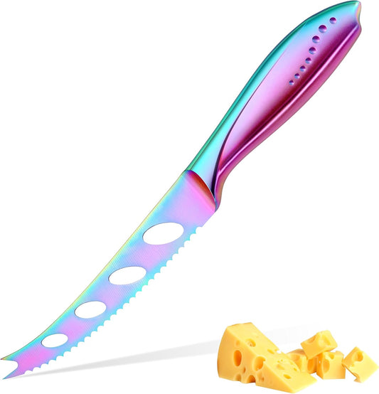 Cheese Knife, Serrated Tomato Knife 5 Inch Sharp High Carbon Stainless Steel Blade for Cutting All Cheese Types - Rainbow