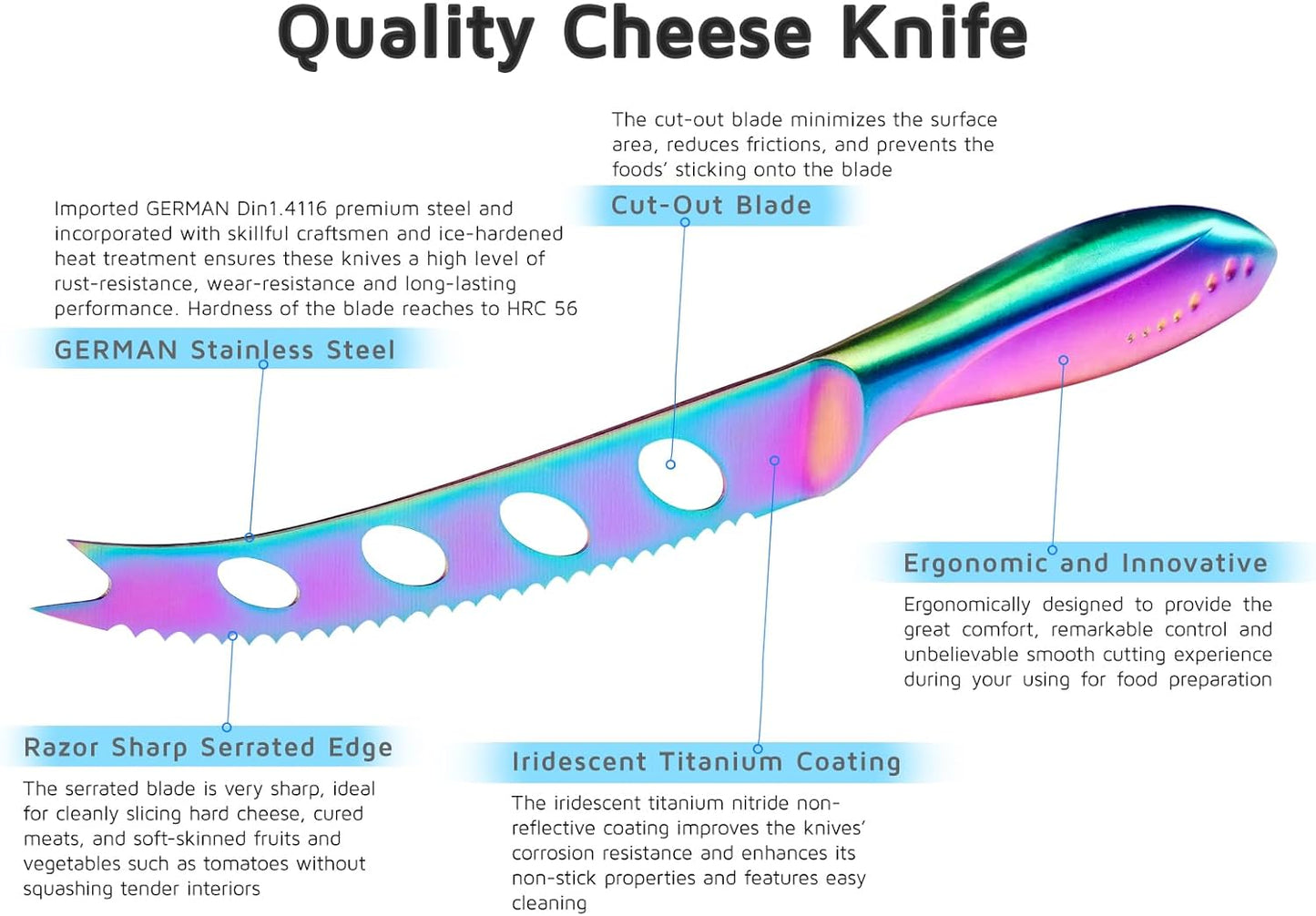 Cheese Knife, Serrated Tomato Knife 5 Inch Sharp High Carbon Stainless Steel Blade for Cutting All Cheese Types - Rainbow