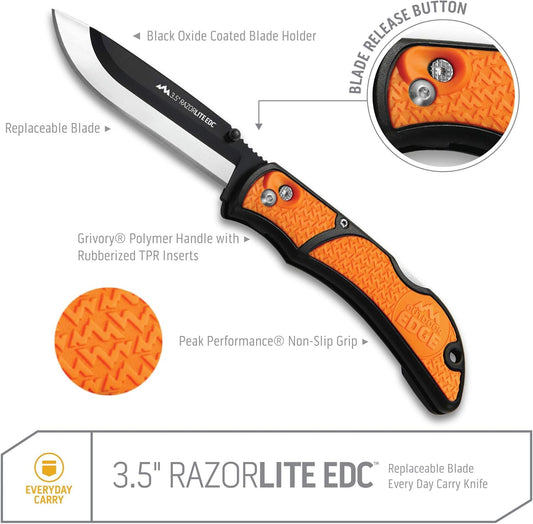 3.5" RazorLite EDC Knife. Pocket Knife with Replaceable Blades and Clip. The Perfect Hunting Blade for Skinning Deer. Blaze Orange with 6 Blades