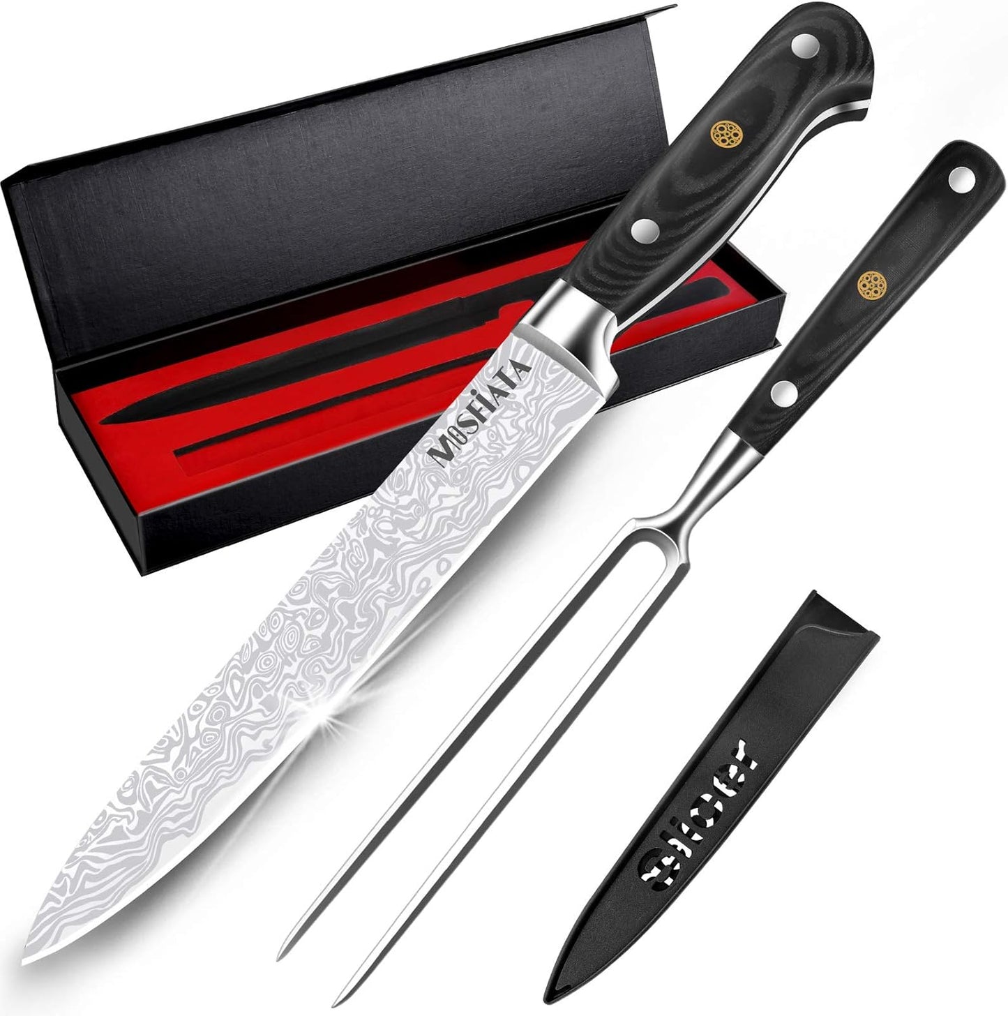 8" Carving Knife & 7" Fork Set - Premium Meat Cutting Knife, German High Carbon Stainless Steel EN.4116 BBQ Knives for Slicing Meats, Fruits & Vegetables