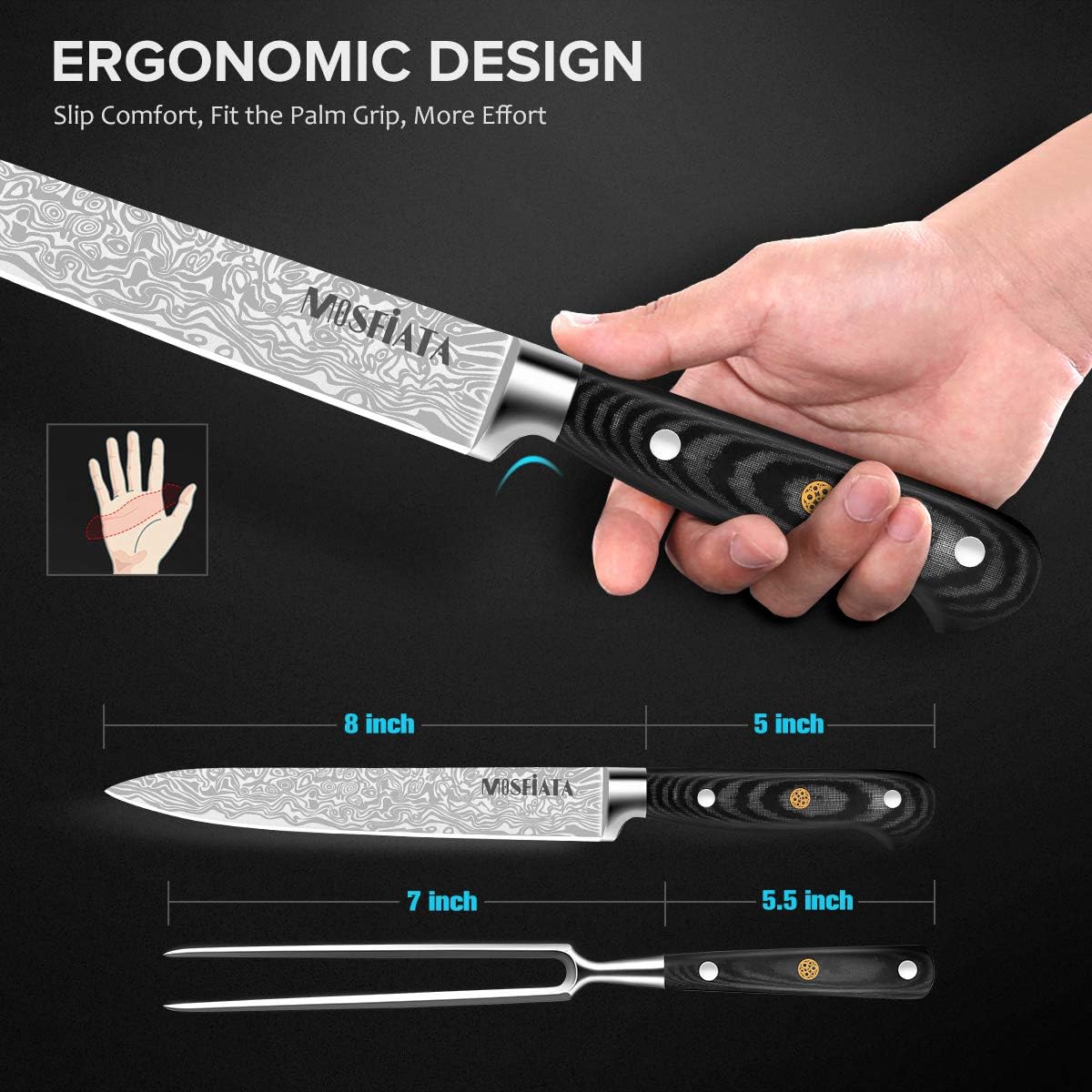 8" Carving Knife & 7" Fork Set - Premium Meat Cutting Knife, German High Carbon Stainless Steel EN.4116 BBQ Knives for Slicing Meats, Fruits & Vegetables