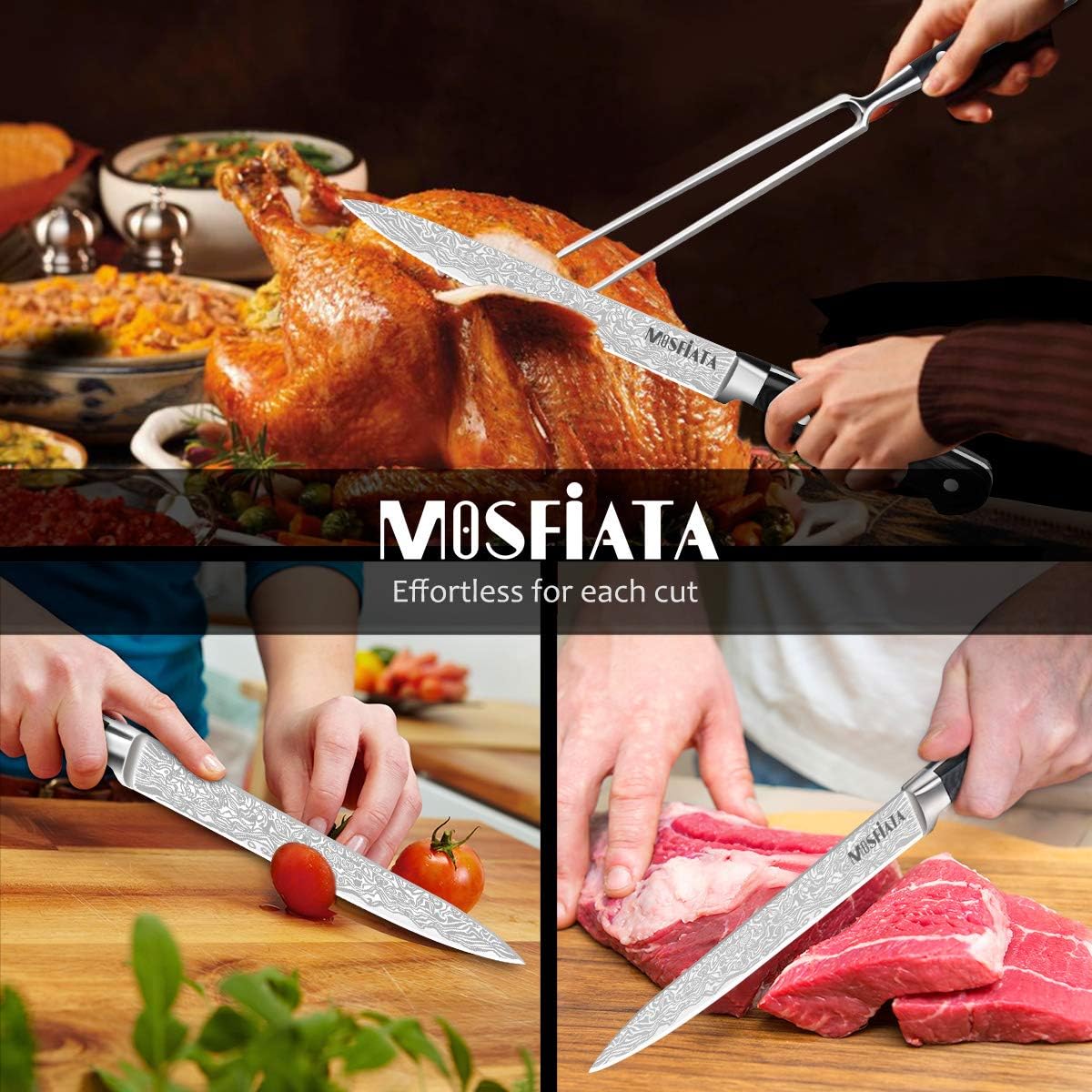 8" Carving Knife & 7" Fork Set - Premium Meat Cutting Knife, German High Carbon Stainless Steel EN.4116 BBQ Knives for Slicing Meats, Fruits & Vegetables