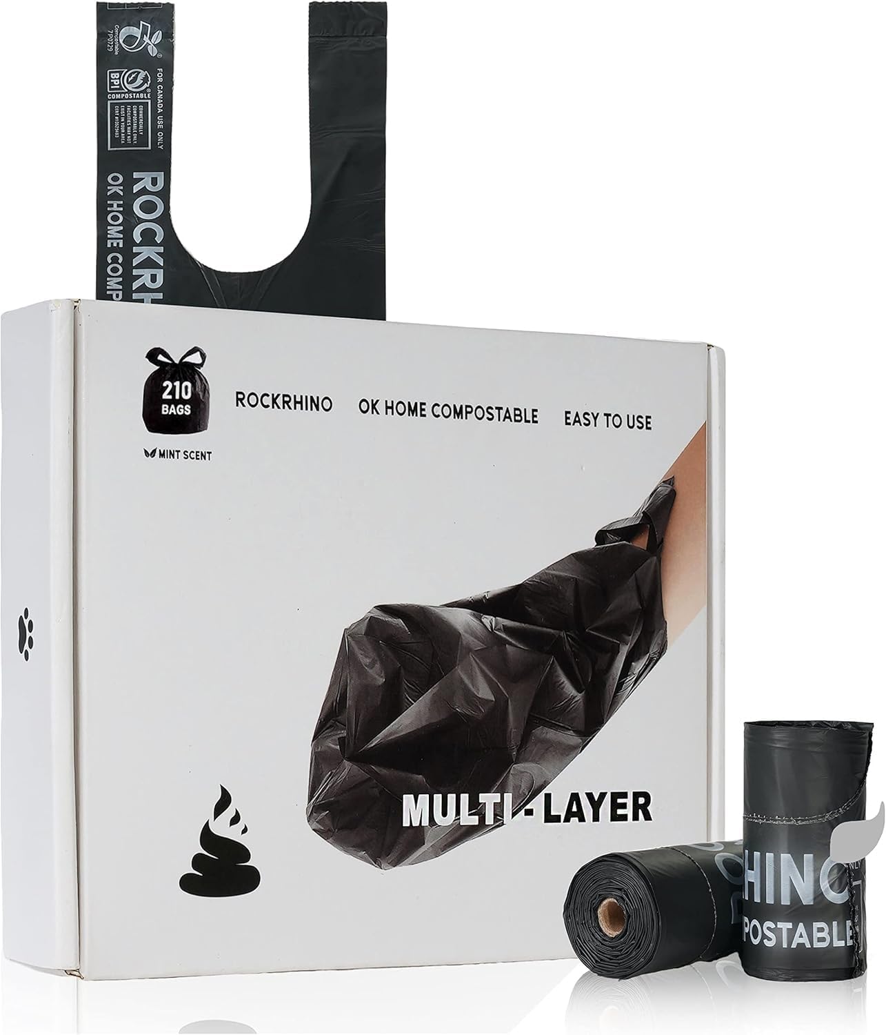 Ultra Thick Dog Poop Bags, Multi-Layer Bottom, Opaque Odor-Proof | Easy Open Tie Handles | Certified Compostable Plastic Free | 210 Heavy Duty Bags, Mint Scent, Fits Holder, No Scooper Needed