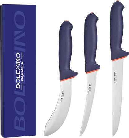 3 PCS Butcher Knife Set, Professional Meat Cutting Knives | Non-slip grip, 7" butcher & 6" skinning & boning,Ergonomic, less tired,Professional, precise cuts,X50CrMoV15 stainless steel.