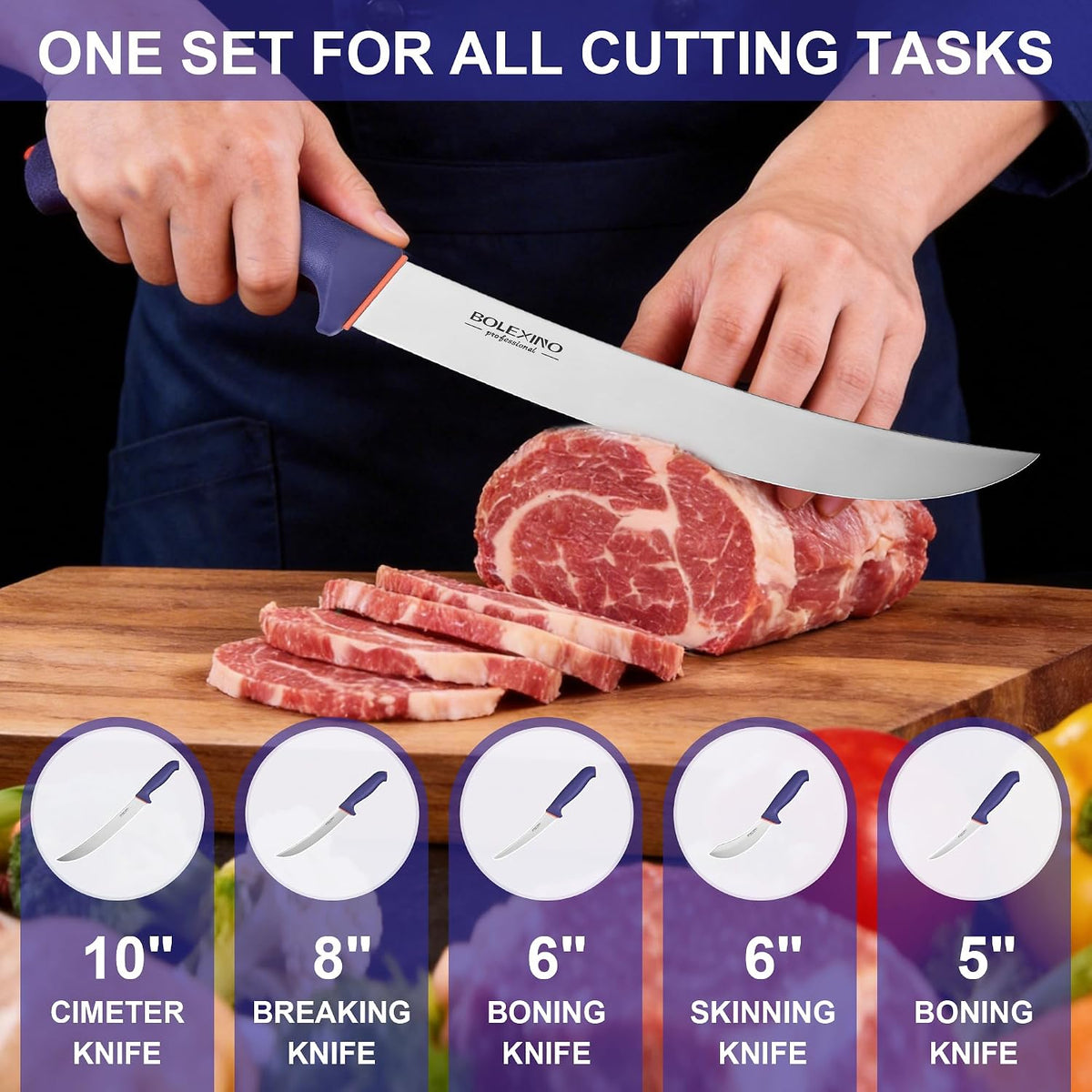 3 PCS Butcher Knife Set, Professional Meat Cutting Knives | Non-slip grip, 7" butcher & 6" skinning & boning,Ergonomic, less tired,Professional, precise cuts,X50CrMoV15 stainless steel.