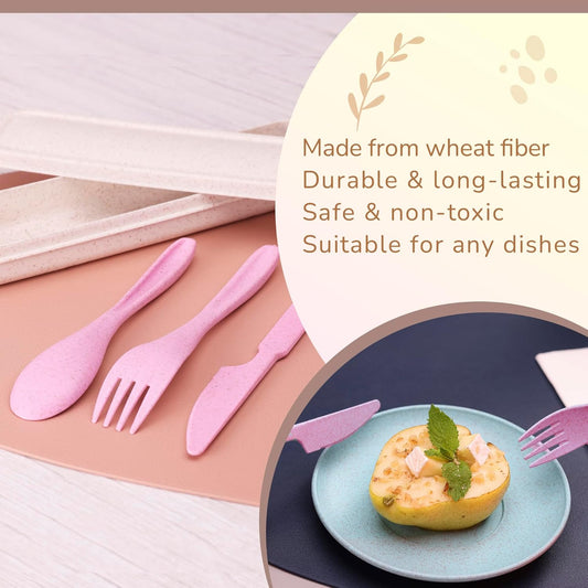 Wheat Straw Travel Utensils Set with Case - Kids Cutlery Set - BPA Free Portable Silverware for Lunch Box - Fork Spoon Knife Set with Case - Eco Friendly - Reusable Utensils