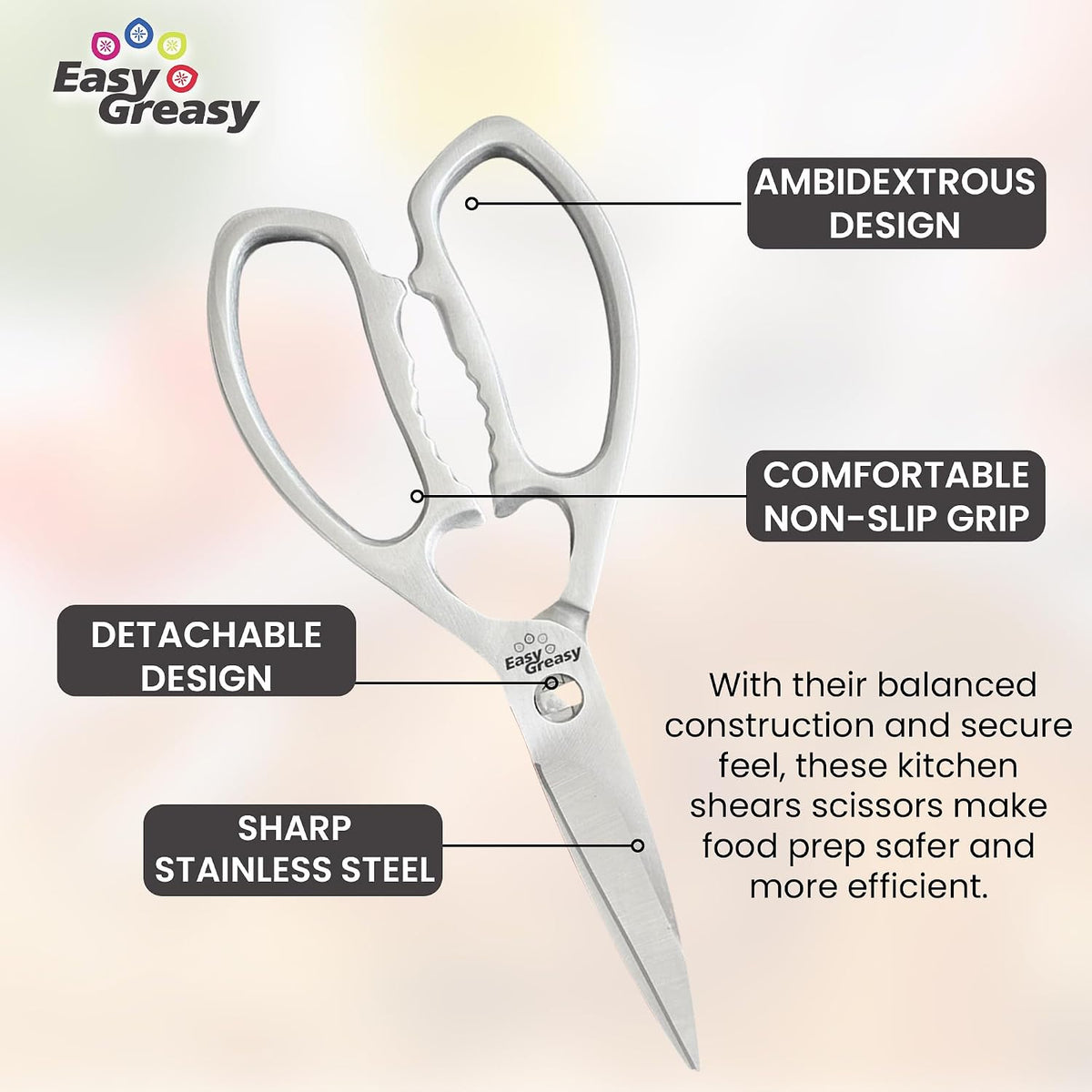 8" Heavy Duty Stainless Steel Kitchen Scissors - All Purpose Kitchen Shears for Meat, Chicken, Shrimp, Vegetables, Fruits, Nutcracker - Utility Scissors