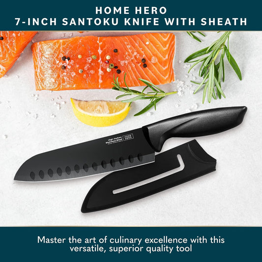 2 Pcs Santoku Knife with Sheath - High Carbon Stainless Steel Chopping Knife with Ergonomic Handle - Razor-Sharp Multi-Purpose Kitchen Knife for Chopping Vegetable and Cooking (Black)