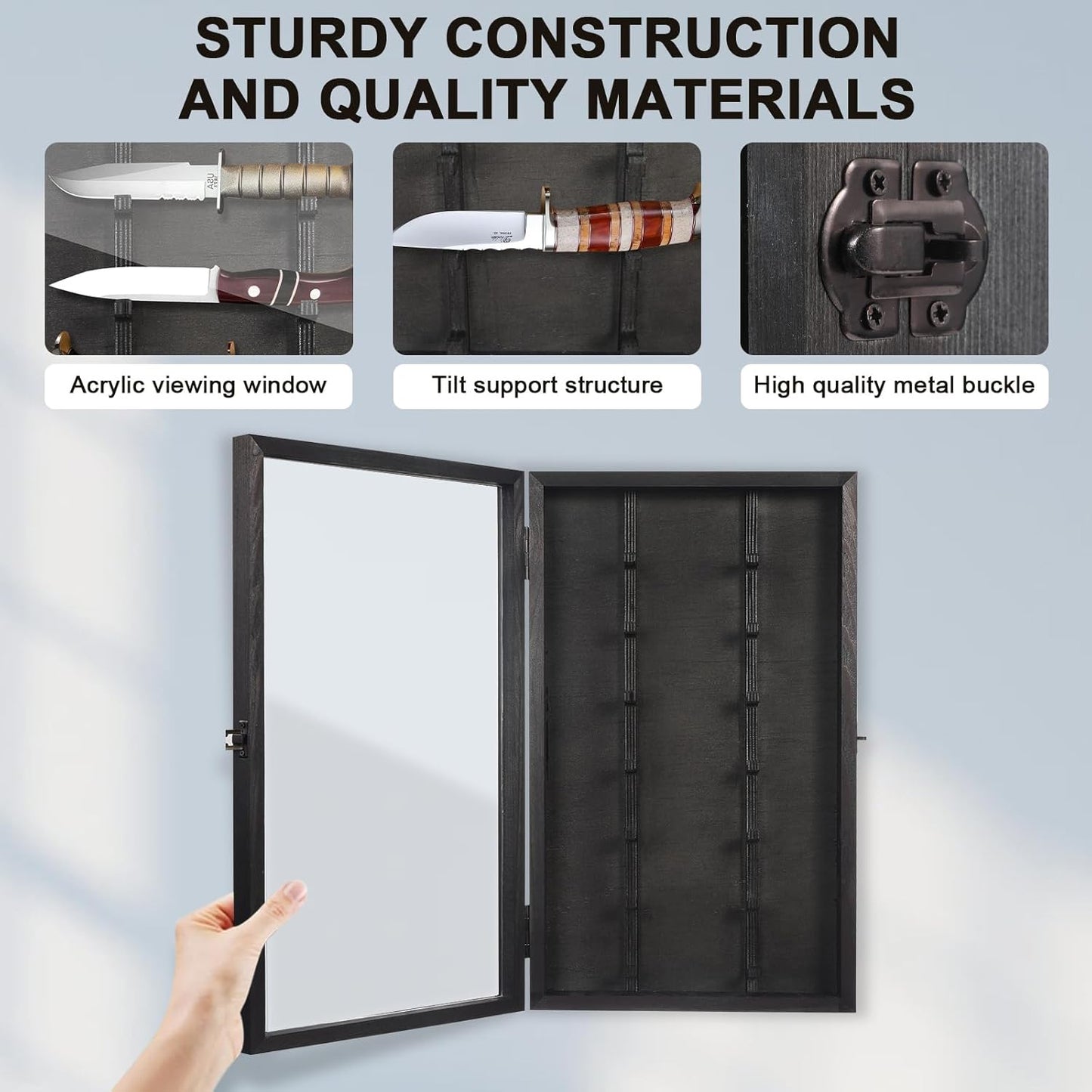 Knife Display Case with Lockable Clear Acrylic Door, Wall Mount Wooden Knife Display Stand, Pocket Knife Display Cases for Storage, Collection, Holds up to 7 Knifes (Black)