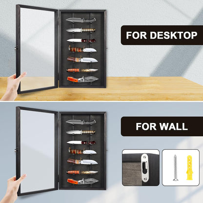 Knife Display Case with Lockable Clear Acrylic Door, Wall Mount Wooden Knife Display Stand, Pocket Knife Display Cases for Storage, Collection, Holds up to 7 Knifes (Black)